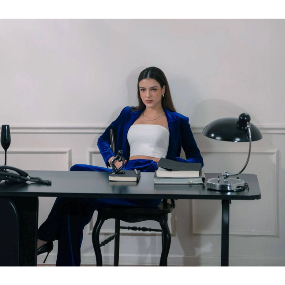 Atelier De La Hang Cropped Blue Velvet Blazer S NWT - Picture 2 of 7